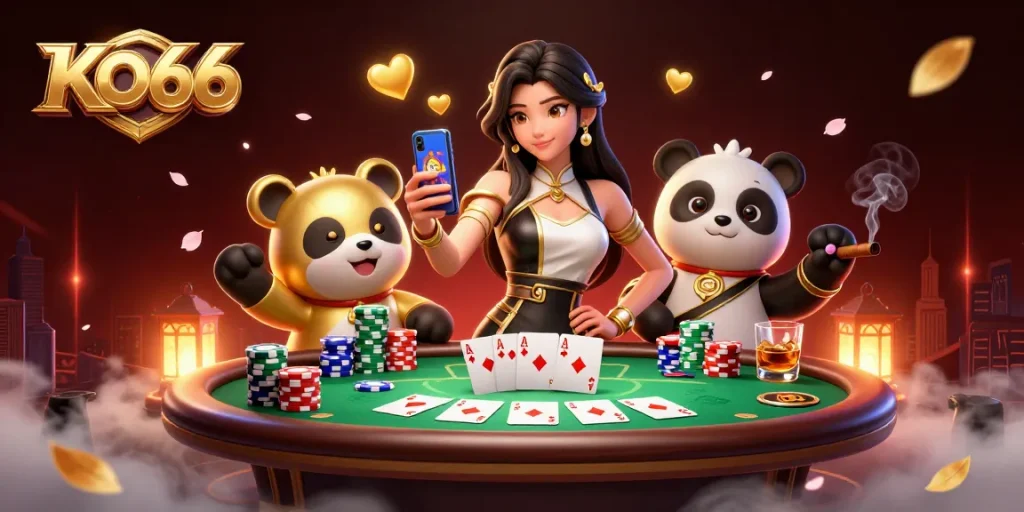 KO66 engages players with vibrant casino visuals as an Asian woman showcases a casino game.