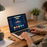 Engaging online casino setup using mm88 interface, person placing bets with strategic notes