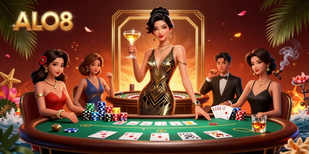 Experience the excitement of ALO8 with a glamorous casino scene featuring poker elements and a vintage roulette.