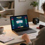 Engaging in a dynamic online poker game with FIVE88, featuring stylish gaming setup, strategy notes, and a focused atmosphere.