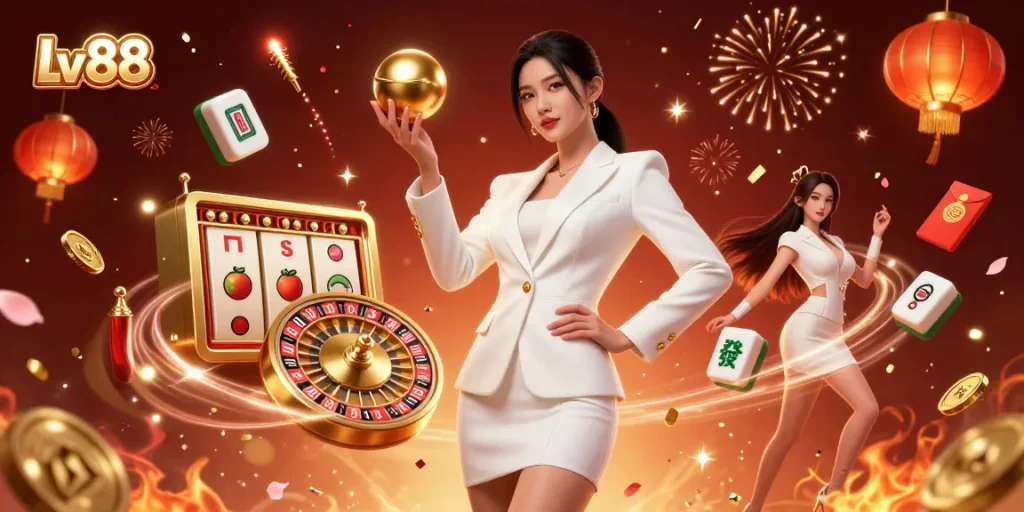 Engage in thrilling gameplay at Lv88, featuring vibrant 3D casino elements with a gorgeous Asian host.