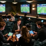 Engaging betting scene at Hoiquantv sports lounge with patrons placing bets