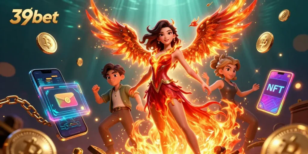Experience the thrill of 39bet with a stunning 3D illustration featuring flames, phoenix, and vibrant casino elements.