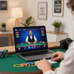 O8 enthusiasts engaging with live dealer blackjack on a laptop in a warm home office setting.