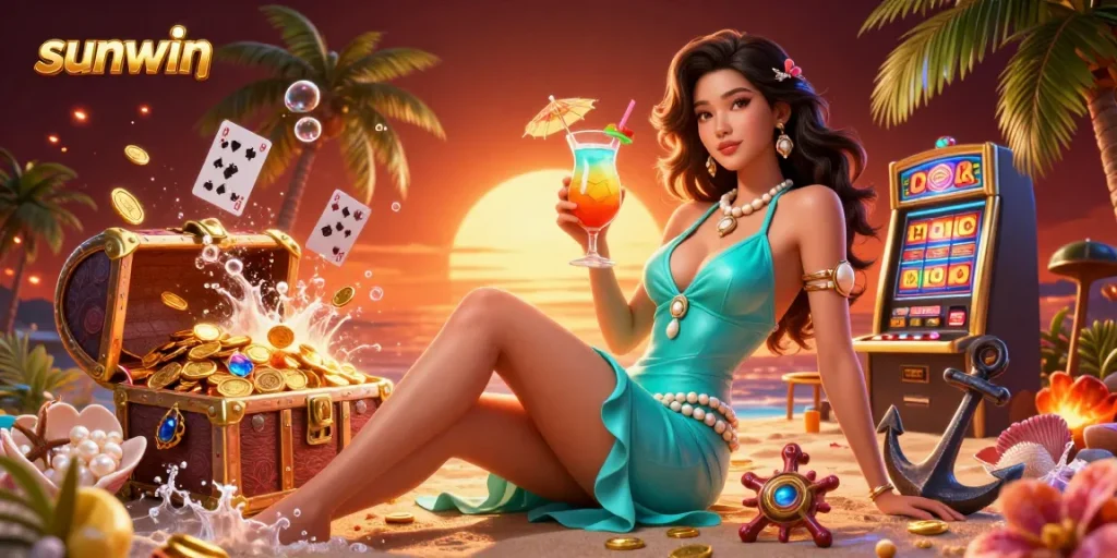 Spin the reels of sunwin's vibrant slot games in a dynamic beach casino scene.