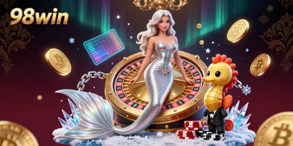 Engage with 98win's vibrant casino experience, featuring 3D characters and gaming elements.