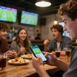 Engaging in แทงบอล through a smartphone app during a live football match in a lively sports bar