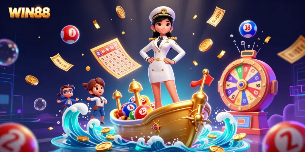 Experience WIN88 with vibrant gaming elements and dynamic lottery features in an exciting 3D casino setting.