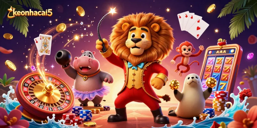 Experience the excitement of keonhacai5 with vibrant characters and dynamic casino elements in this 3D illustration.