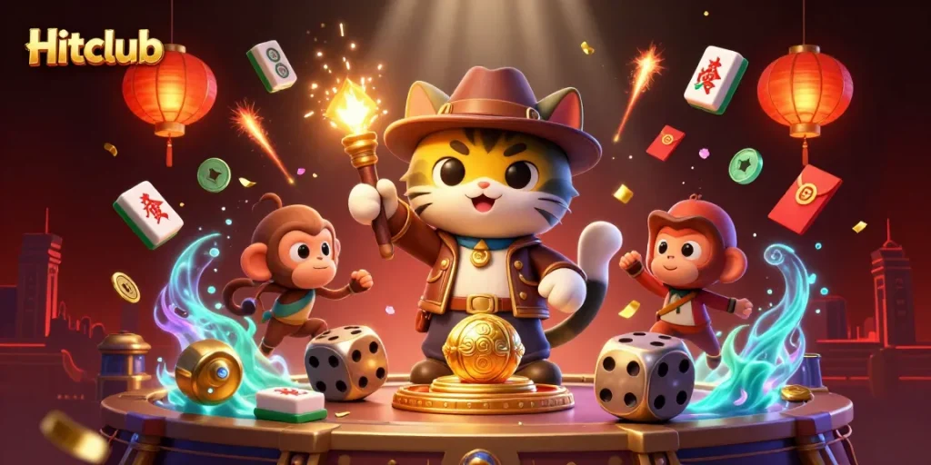 Hitclub showcases a 3D archaeologist cat discovering casino treasures amidst vibrant gameplay elements.