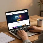 bong88 player engaging with online casino games on a laptop, showcasing a cozy gaming atmosphere.