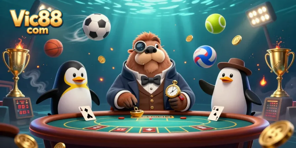Engage with thrilling bets at Vic88 com featuring an underwater poker scene with a jolly walrus, penguin dealer, and surprising pufferfish player.