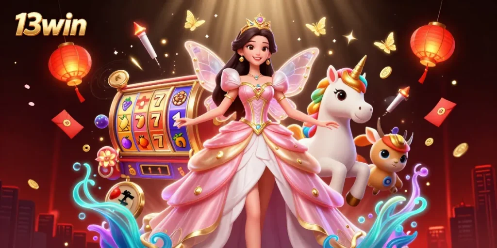 Experience the excitement of 13win with glamorous characters and vibrant slot game elements.