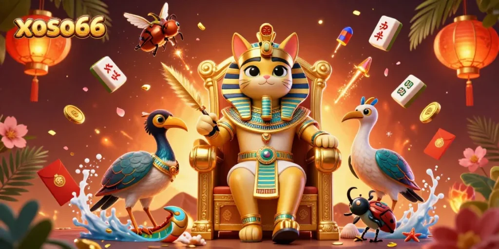 Xoso66 invites players to experience vibrant casino excitement with a dynamic Egyptian-themed illustration.
