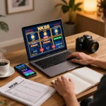 Play NK88 slot games on a stylish laptop with warm lighting and gaming strategies
