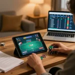 Engage in high-stakes poker at LV88 with a player strategizing in a cozy home setting
