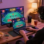 Engaging in a GG88 online casino game with a vibrant laptop setup and cozy atmosphere