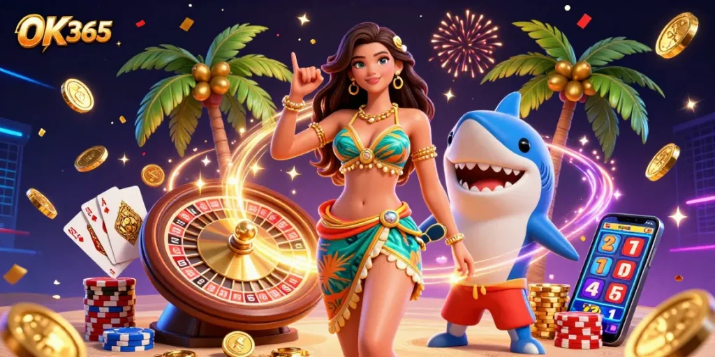 Engage in thrilling gameplay with OK365, where a glamorous beach goddess joins a surfer shark and a vibrant casino scene unfolds.