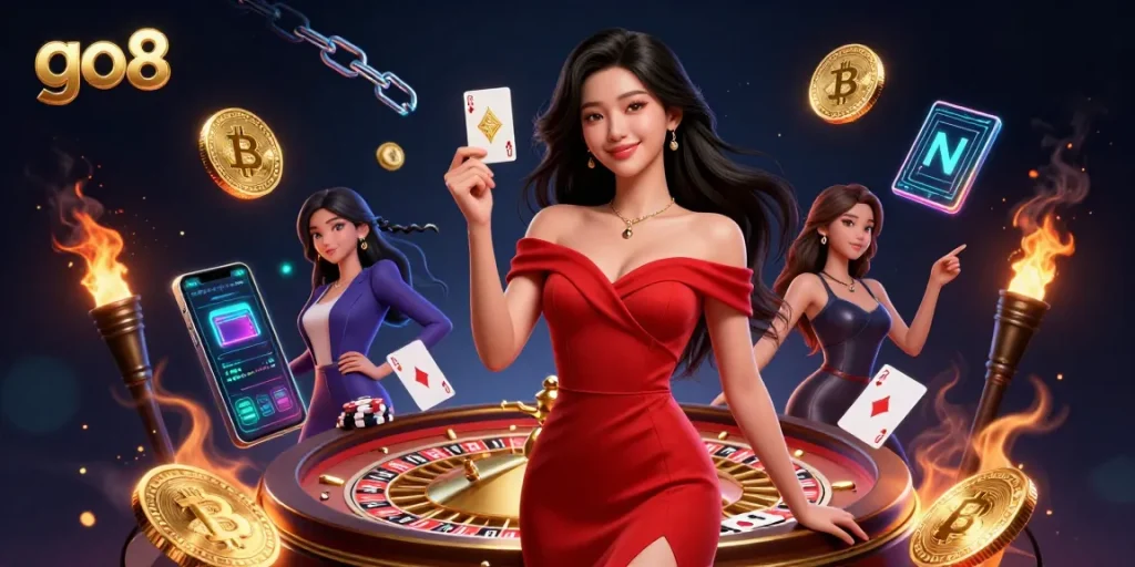 Experience the thrill of go8 with a stunning young woman elegantly holding cards at a vibrant casino.