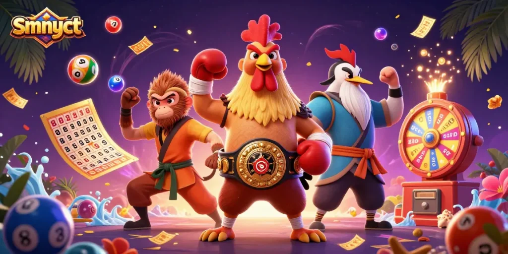 Experience the excitement of gambling with smnyct as colorful lottery elements surround dynamic characters in a vibrant casino scene.