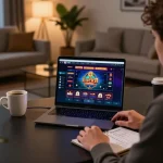 Person engaging with luck8 online casino on a laptop in a cozy home setup, highlighting a strategic gaming atmosphere.