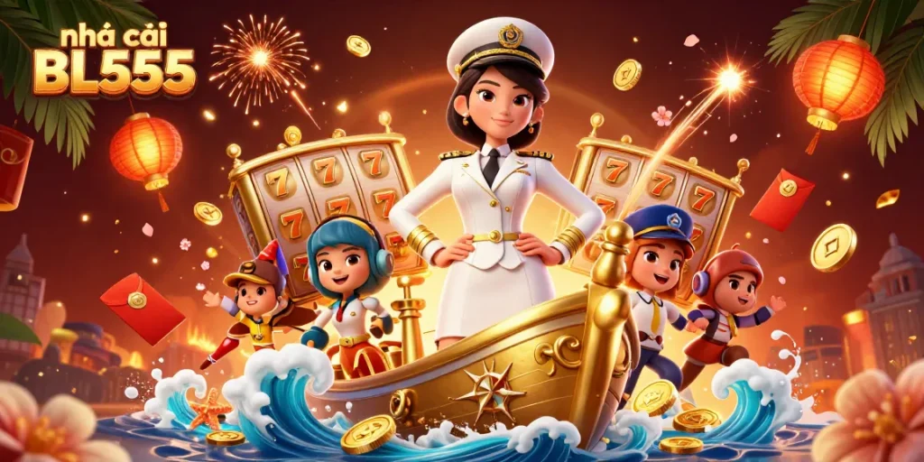 Experience the thrill at nhà cái BL555 with vibrant slot reels and gold coins cascading in excitement.