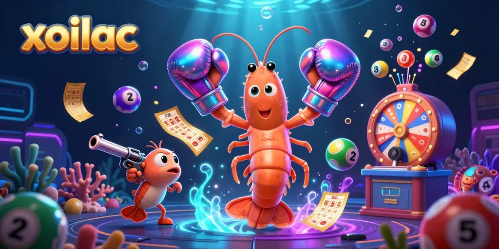 Xoilac engages viewers with a vibrant lottery scene featuring playful shrimp and exciting gaming elements.