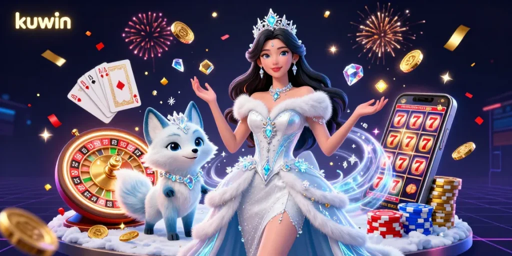 Kuwin casino illustration with stunning woman and arctic fox surrounded by dynamic gaming elements.