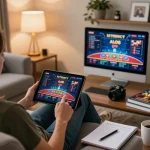 Player engaging with ALO8 casino app on tablet while enjoying a cozy gaming experience at home.