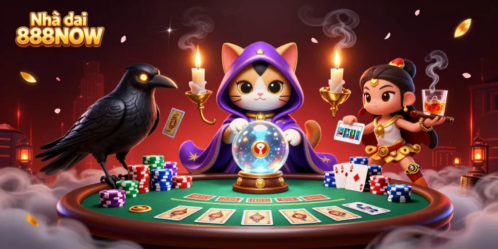 Engage with Nhà cái 888NOW through a vibrant casino illustration showcasing fortune teller cat and poker elements.