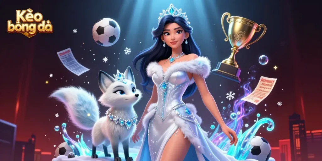 Kèo bóng đá sports betting scene featuring an enchanting woman and her arctic fox companion amidst dynamic betting elements.