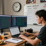 Engaged sports bettor analyzing kèo nhà cái odds in a home office.