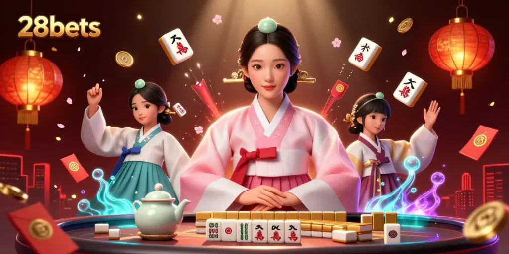 Experience thrilling gameplay with 28bets as elegant Asian characters engage in a vibrant casino scene.