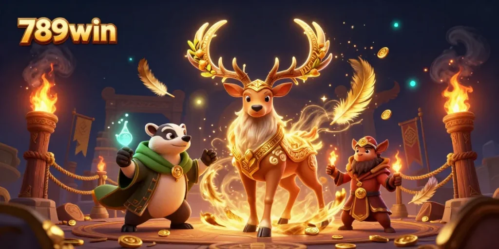 Experience thrilling casino action with 789win as the Celtic druid stag and wise badger play amidst luxurious game elements.