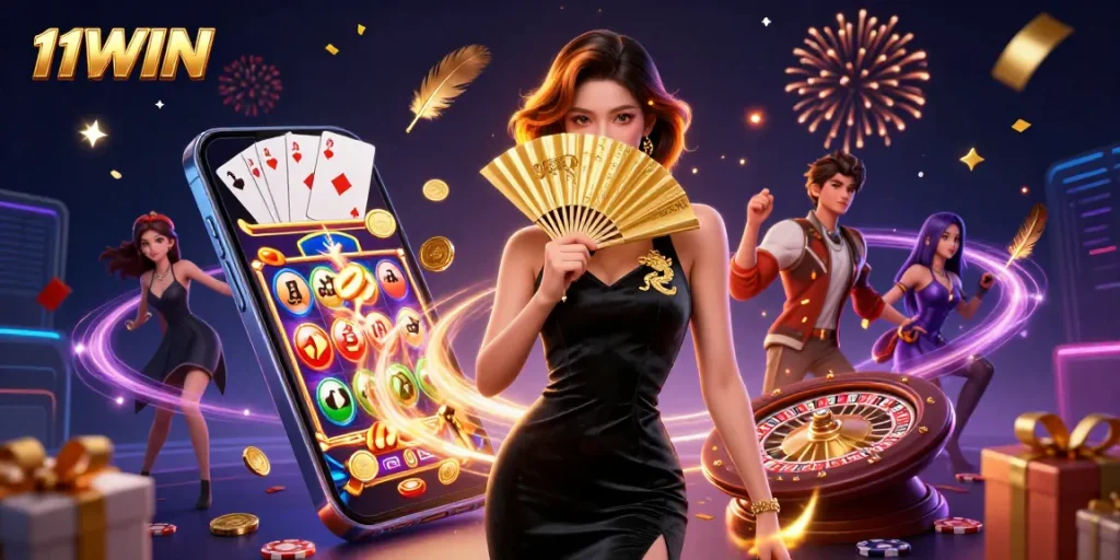 Experience the thrill of 11WIN with captivating casino elements and vibrant visuals.