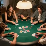 Friends enjoy an exciting poker game night at home, showcasing entertainment with fly8800 strategy discussions.