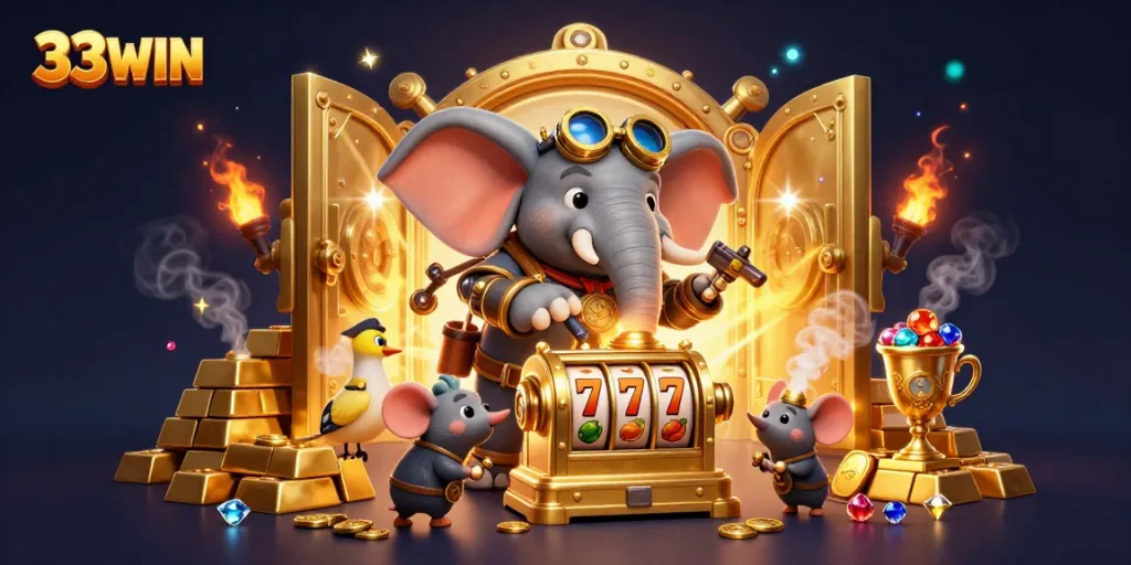 Spin the golden slot machine at 33WIN with a steampunk elephant engineer and treasure galore!