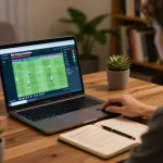 Analyzing kèo bóng đá strategies on a laptop in a cozy home setting