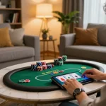 Engaging with FLY 88 online casino on tablet amidst a cozy home atmosphere, focusing on strategic gameplay.