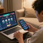 Engaged user placing bets on da ga88 through smartphone, vibrant home gaming atmosphere highlighting online casino excitement