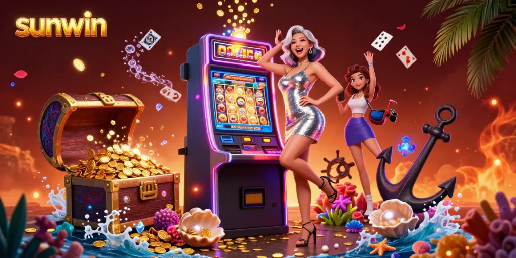 Win big with sunwin in this exciting casino scene featuring vibrant slot machines and lively gameplay.