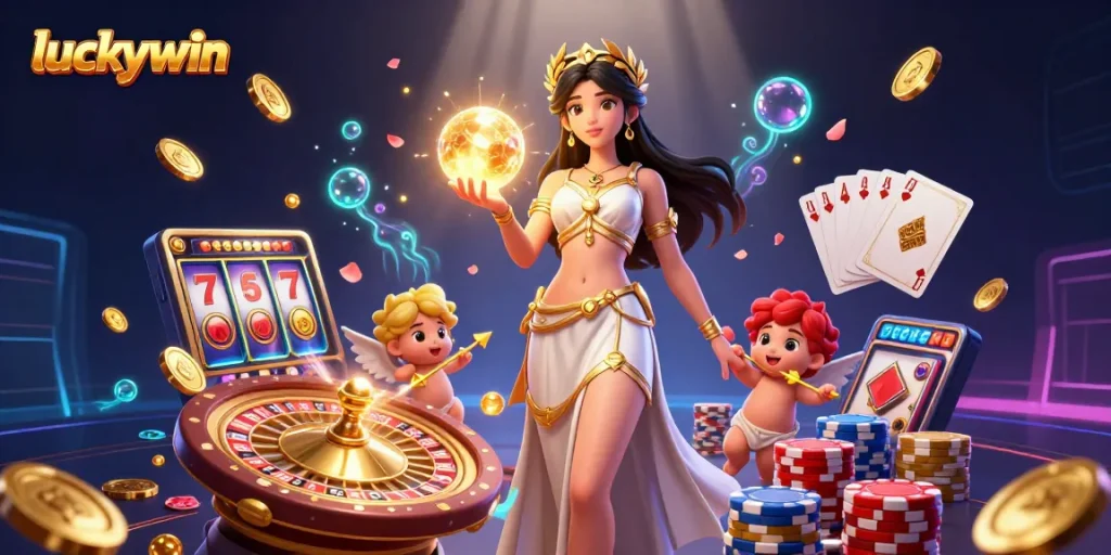 Play and win big at luckywin with this vibrant 3D illustration showcasing casino excitement.