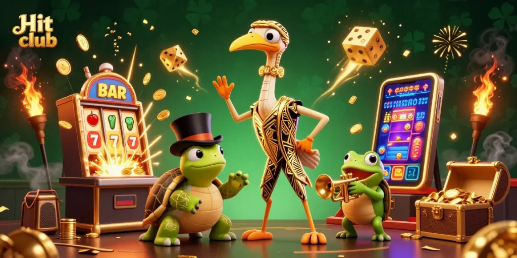 Experience the thrill of gambling at Hit club with slot machines, lively characters, and excitement.