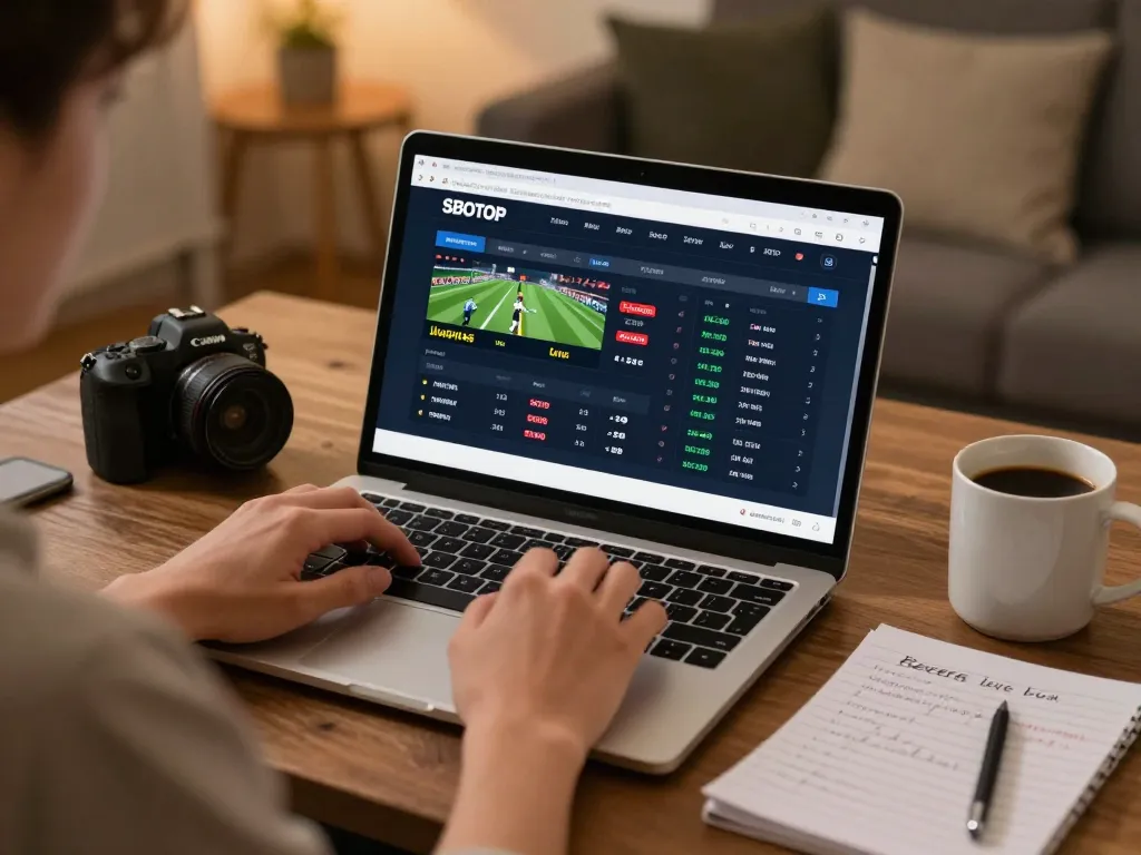 Engaged player using SBOTOP betting platform on laptop for sports wagering at home