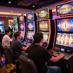Players enjoying thrilling fly88 slot machines in a bustling casino environment.