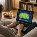 Cakhiatv user engaging in live sports betting from home on a laptop, creating a cozy gambling atmosphere.