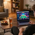 Engaging player strategizing on 888top online games at home, showcasing comfortable gaming setup and relaxed atmosphere.