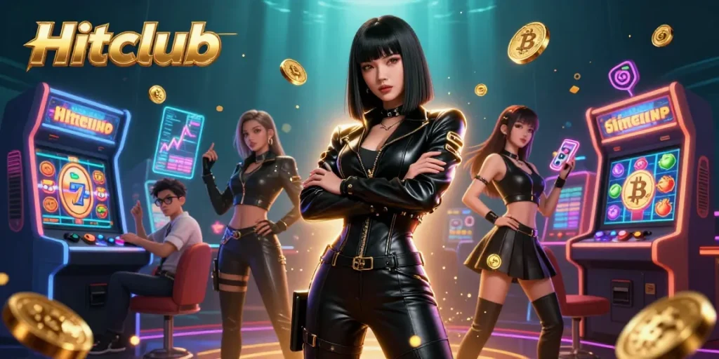 Experience the thrill of Hitclub with exciting slot reels and jackpot counters in a vibrant casino setting.