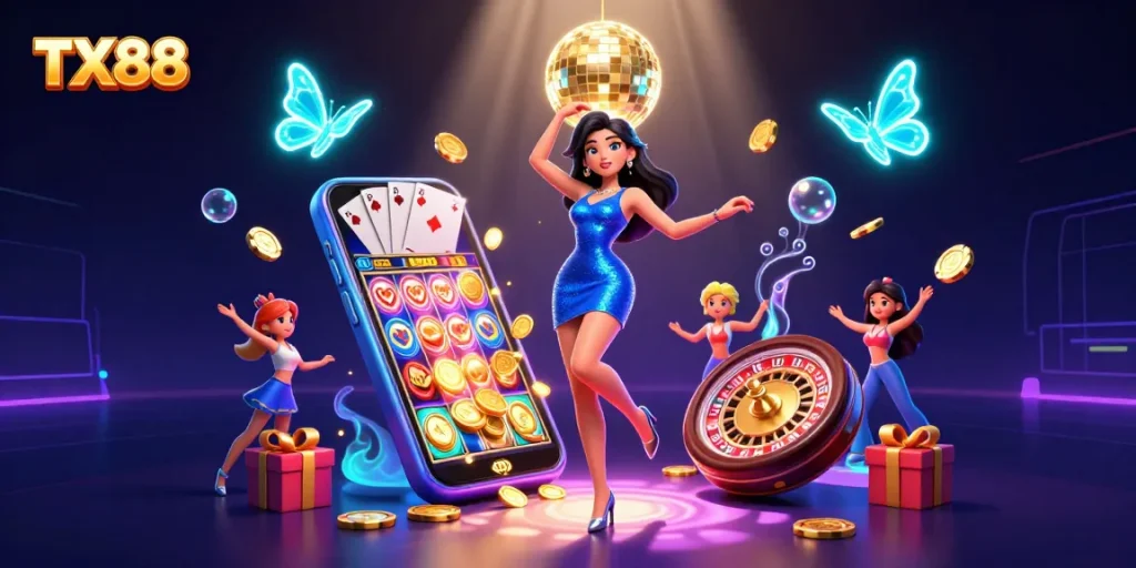 Experience the excitement of TX88 gaming with vibrant slot reels and dynamic casino elements.
