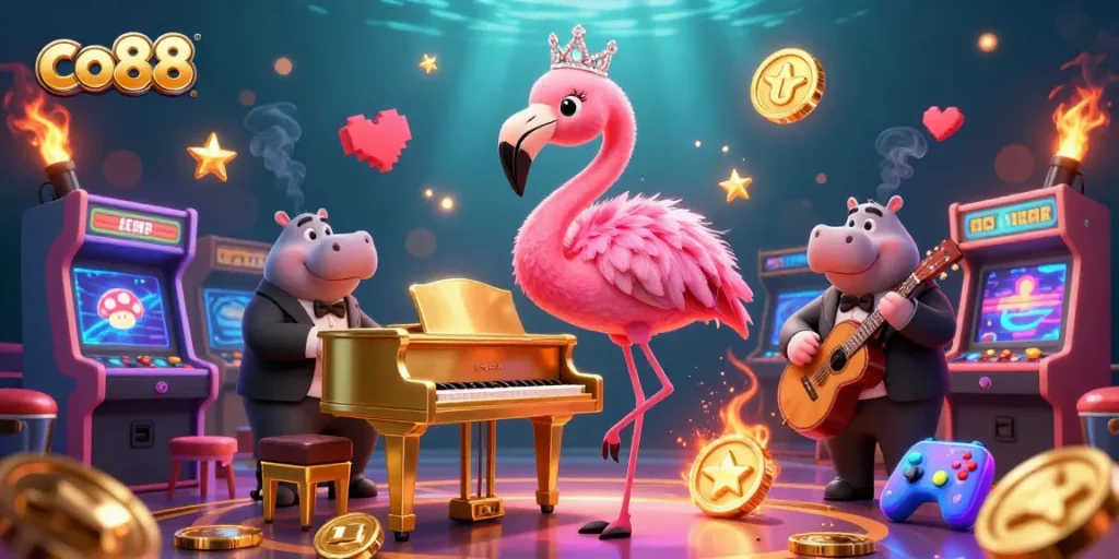 Get in the game with co88's lively casino scene, showcasing vibrant characters and thrilling elements.